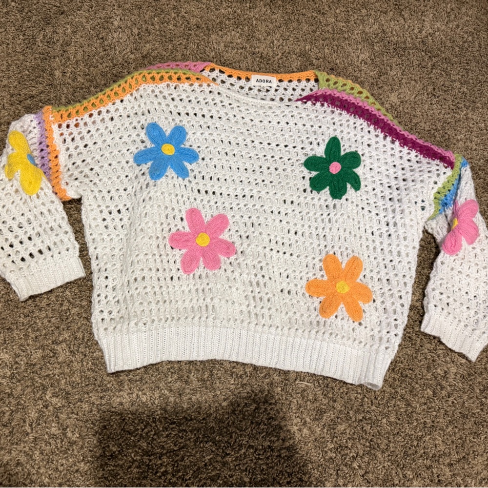 ADORA White Crocheted Sweater with Colorful Floral Accents